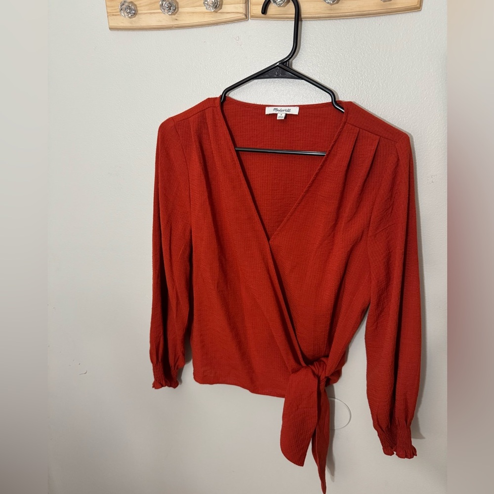 Madewell Smocked-Sleeve Wrap Top in Rust Orange - Size M